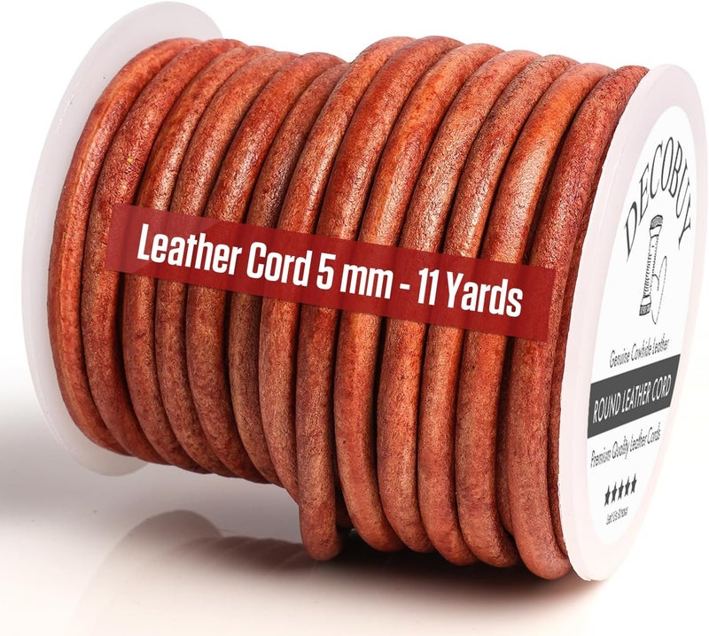 Leather Cord for Jewelry Making, Round Cording 5 mm Rope, 11 Yards Used for Crafts, Necklace String, Braiding - Distressed Red Brown